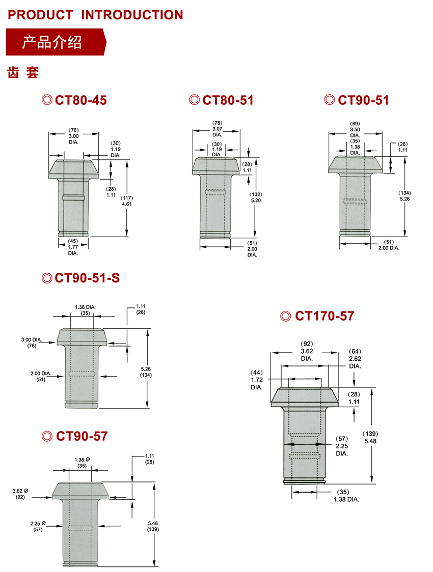 CT80-45截齒套、CT80-51截齒套、CT90-51截齒套、CT90-51-S截齒套、CT90-57截齒套、CT170-57截齒套
